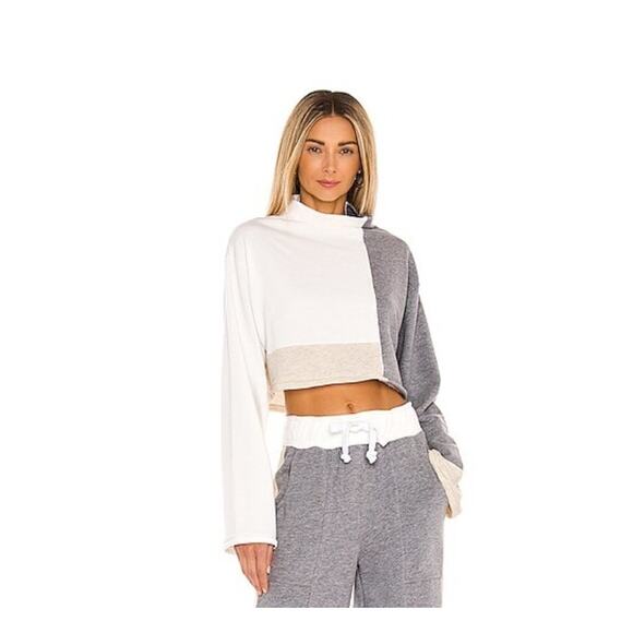 Lovers + Friends Revolve Block Sweatshirt Gray White Mockneck Long Sleeve Medium - Picture 1 of 9